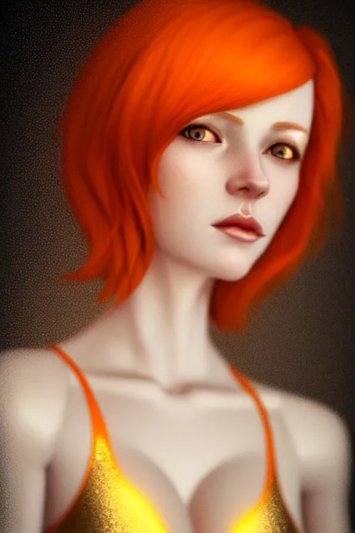 Image similar to Portrait of a beautiful pale skin Nordic female with short orange hair, elegant, photorealistic, highly detailed, artstation, smooth, sharp focus, gold ornaments, neon lighting, sci-fi, art by Klimt.