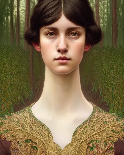 Prompt: symmetry portrait of welsh brunette student in mans tunic, embroidery, trees, tomboy, short hair, intricate forest background, intricate, elegant, highly detailed, digital painting, artstation, concept art, smooth, sharp focus, illustration, art by artgerm and greg rutkowski and fra angelico and alphons mucha