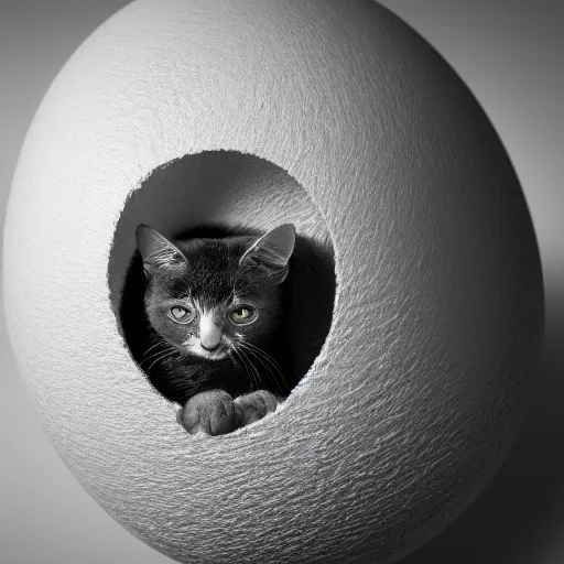 Prompt: a cat hatching from an egg, studio lighting, photorealistic, 4 k, 6 3 4 7