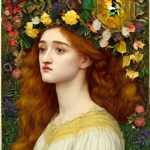Image similar to masterpiece beautiful seductive flowing curves preraphaelite face midsommar portrait of julia garner as the may queen, flower crown, amongst leaves, yellow ochre ornate medieval dress, amongst foliage, gold gilded circle halo, kilian eng and frederic leighton and rosetti, 4 k