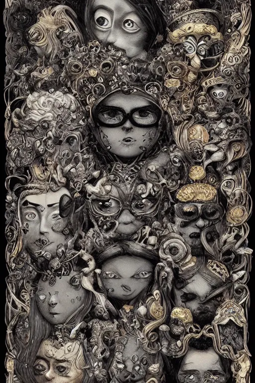 Image similar to portrait of thousands of cartoon faces that are made up of faces, black paper, baroque, rococo, tarot card with ornate border frame, marc Simonetti, paul pope, peter mohrbacher, detailed, intricate ink illustration