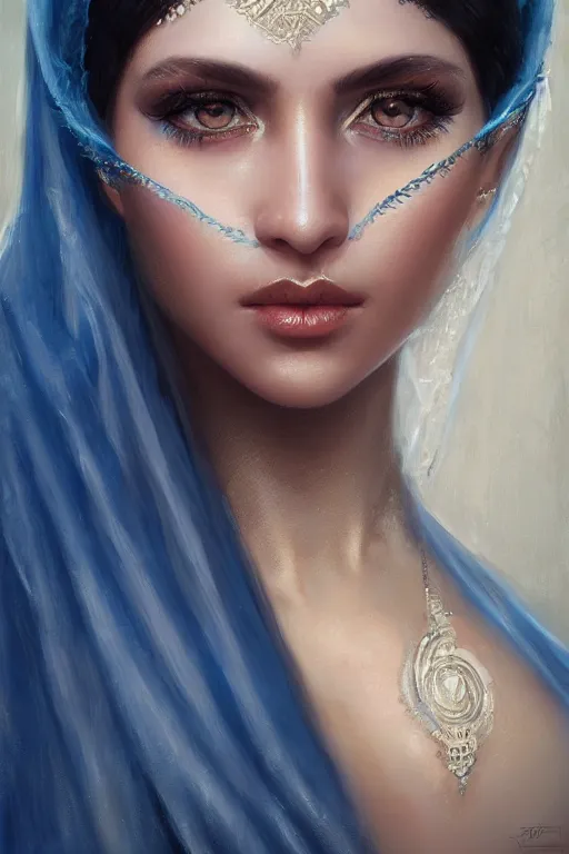 Image similar to modern arab woman , bright blue eyes, wavy black hair, white veil, closeup, cinnamon skin color, elegant, highly detailed, centered, oil painting, artstation, concept art by tom bagshaw