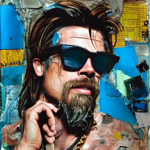 Prompt: detailed analogue mixed media collage with canvas texture in style of contemporary art, punk art, hyperrealistic 3 9 - year - old french bearded longhaired yoga punk singer wearing sunglasses, commercial model and actor, brad pitt's nose. photorealistic, expressionism, masterpiece, perfect composition, spectacular quality, intricate oil details, vivid broken glass, torn paper, magazine pages