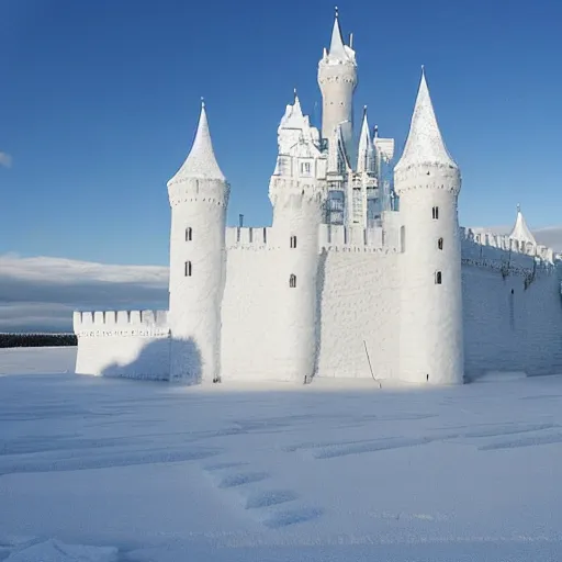 Image similar to A castle made entirely of ice, with snow-capped towers and a frozen moat