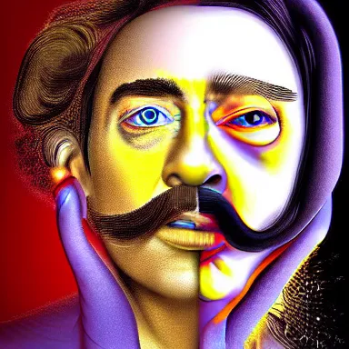 Image similar to portrait of a uncanny artist by Chor Boogie and Salvador Dali collaboration, digital art, mix of aesthetics, close up, high details