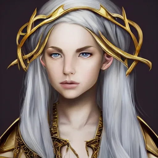 Prompt: portrait of a beautiful!!! young elven warrior, fantasy, gold armour, head tilting up!!!!, white hair, gold headband, trending on artstation, gsociety, D&D, elegant, highly detailed!!!, digital painting, smooth, sharp focus!!!, upper body, intricate, symmetrical facial features, realistic eyes!! by greg rutkowski, Alphonse Mucha, Ayami Kojima, Charlie Bowater, Karol Bak, Greg Hildebrandt