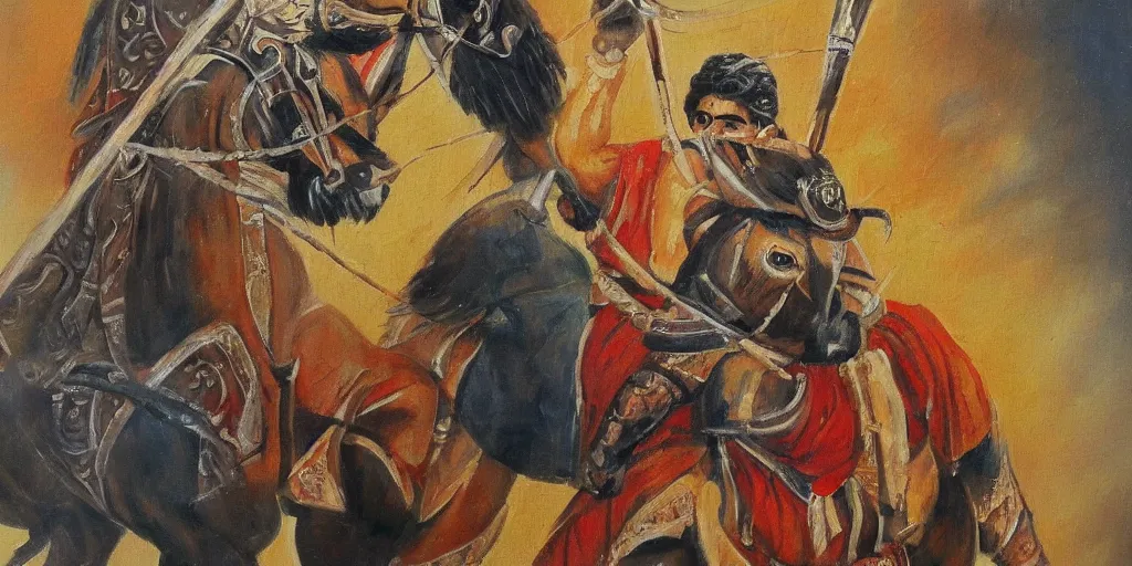 Image similar to persian warrior painting, hd, smooth, canvas, clear, sharp focus