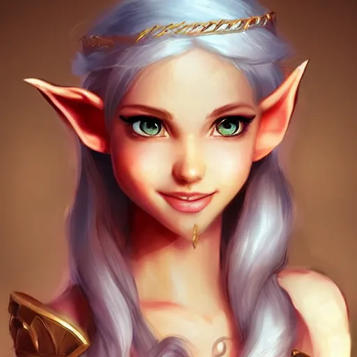 Prompt: very beautiful elf princess, smiling, flirty, eye contact, perfect face, perfect body, drawn by artgerm