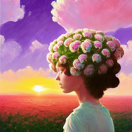 Image similar to head made of carnations flower, girl standing in a vast flower field, surreal photography, sunrise dramatic light, impressionist painting, colorful clouds, large sky, digital painting, artstation, simon stalenhag, flower face