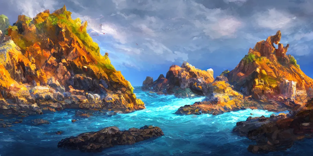 Image similar to salt covered islands surrounded by colourful rugged quartz cliffs, illustration, bright sunlight, sun glints, sunrays, digital art, oil painting, fantasy, 8 k, trending on artstation, detailed