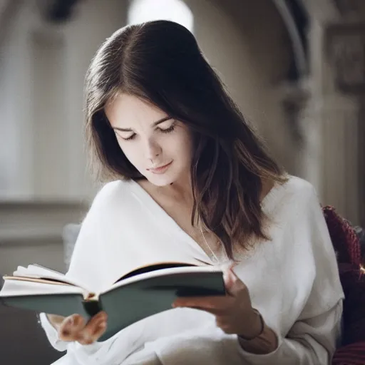 Image similar to 85mm beautiful girl reading a book, hair flowing down, by Emmanuel Lubezki