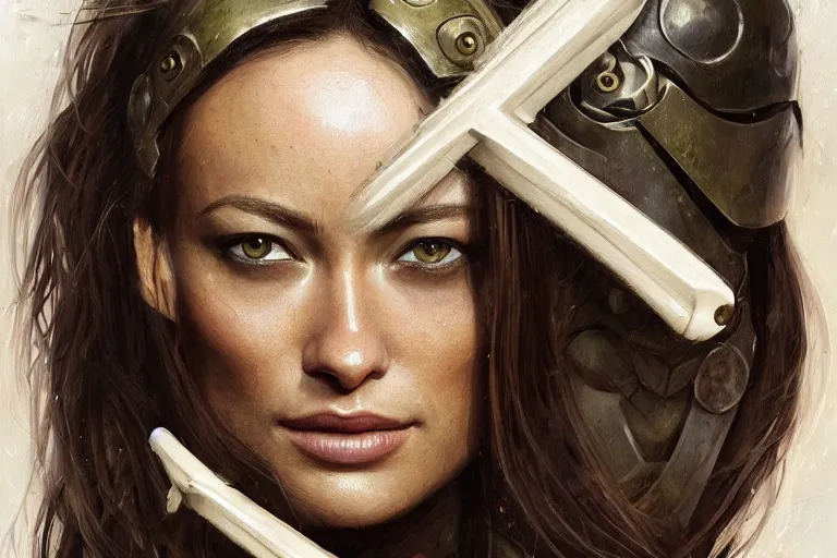 Prompt: a head and shoulders portrait of Olivia Wilde, clothed in battle armor, olive skin, long dark hair, beautiful bone structure, symmetrical facial features, intricate, finely detailed, elegant, digital painting, trending on Artstation, concept art, smooth, sharp focus, illustration, from Metal Gear by Ruan Jia and Mandy Jurgens and Artgerm and and william-adolphe bouguerea, award winning