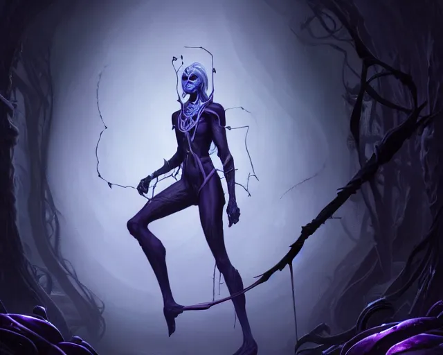 Prompt: a 4 k cinematic screenshot still portrait of a drow in a dark liminal space room surrounded by spider webs, deep focus, d & d, fantasy, intricate, elegant, highly detailed, digital painting, art station, concept art, matte, sharp focus, illustration, dark fantasy style art, hearthstone, art by artgerm and greg rutkowski and alphonse mucha