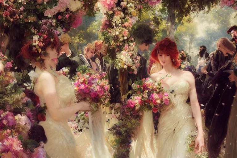 Image similar to the groom look at the bride at a wedding full of flowers, bright and happy, dreamlike art, highly detail, 4 k realistic, wedding photoy krenz cushart, artem demura, yoji shinkawa artgerm, jon lothian, danilo torres. adi meyers. thomas reimann. gaston bussiere.