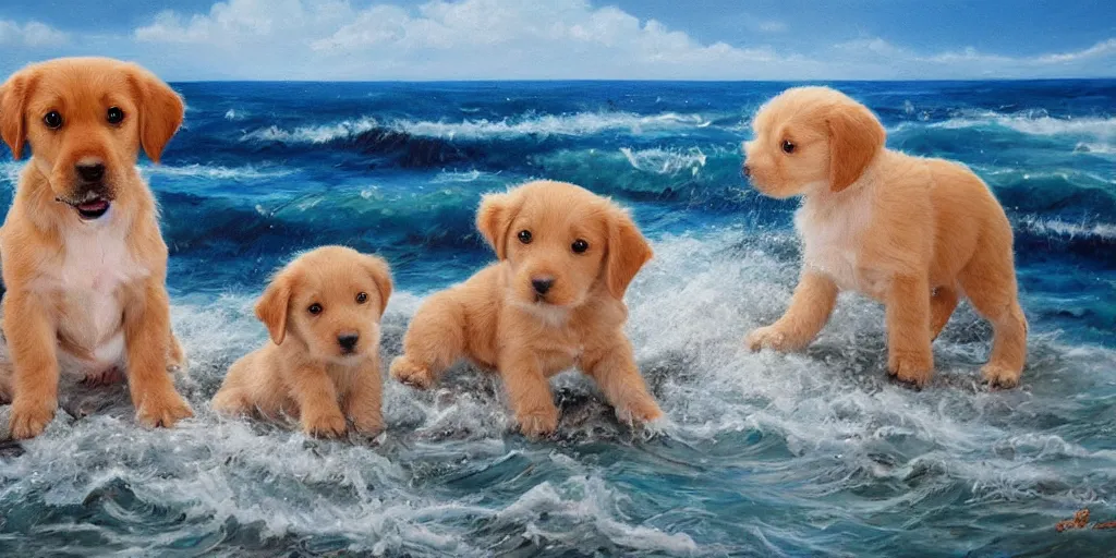 Prompt: a beautiful seascape painting with puppies, detailed, intricate