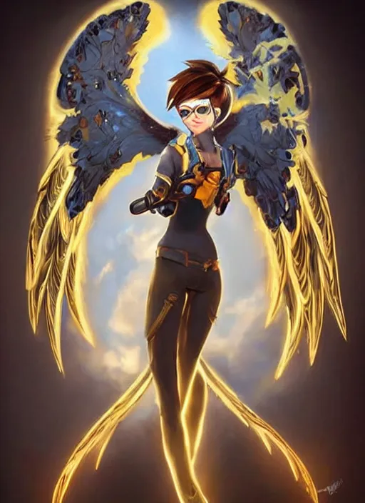Image similar to full body oil painting of tracer overwatch in the style of charlie bowater, angel wings, dramatic painting, symmetrical composition, ornate, golden chains, silky garment, high detail, gold detailed collar!!!!!, blooming, angelic, lights, flowers, heavenly, bright, detailed face,