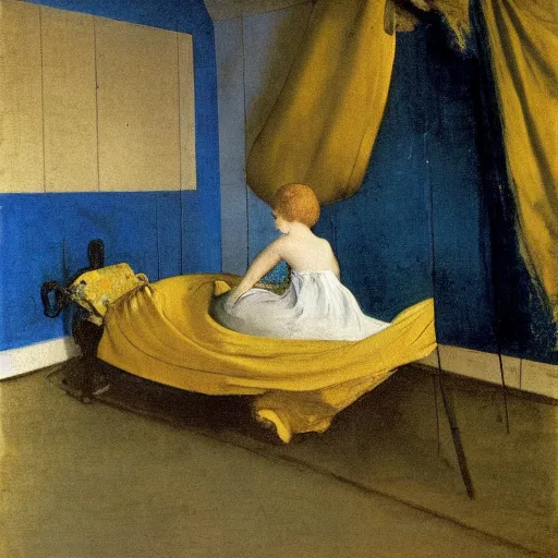 Prompt: a girl in a blue and gold haunted liminal room, film still by goya, subject by balthus, colors by pontormo, lights by hopper, extreme detail, liminal aesthetic, background art nouveau,