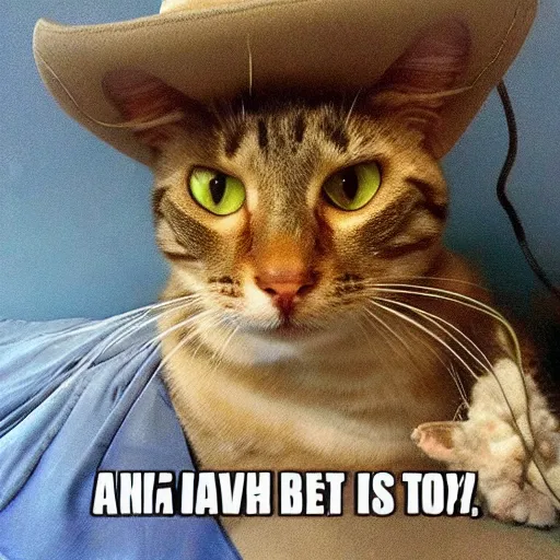 Image similar to a meme photo of a sad cat wearing a cowboy hat