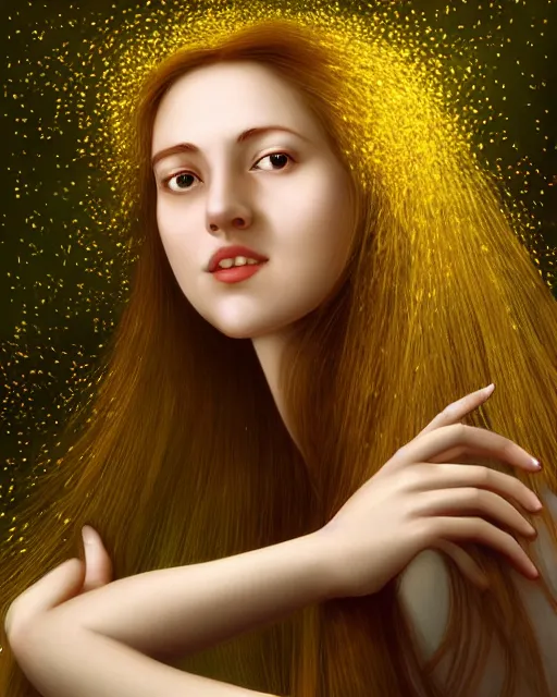 Image similar to a happy, modern looking young woman, seen from behind, among the lights of golden fireflies and nature, long loose red hair, intricate details, green eyes, small nose with freckles, oval smiling face, golden ratio, high contrast, hyper realistic digital art by artemisia lomi gentileschi and caravaggio and artgerm.