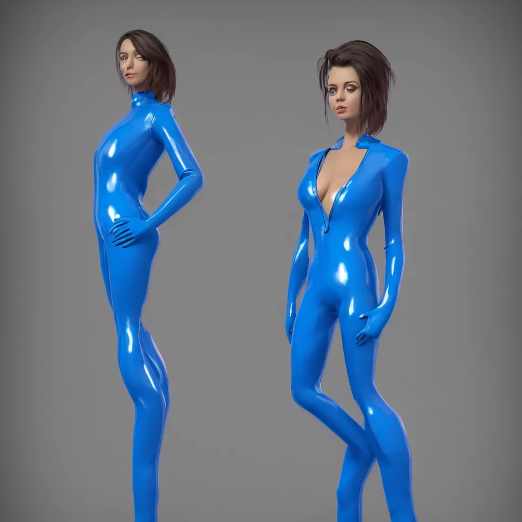 Image similar to a beautiful female wearing a blue latex jumpsuit, eyeballs with different colored iris are poking through the suit, face, torso, legs, feet, octane render, photo realistic, hyper realistic, 8 k resolution in the style of alvin schwartz