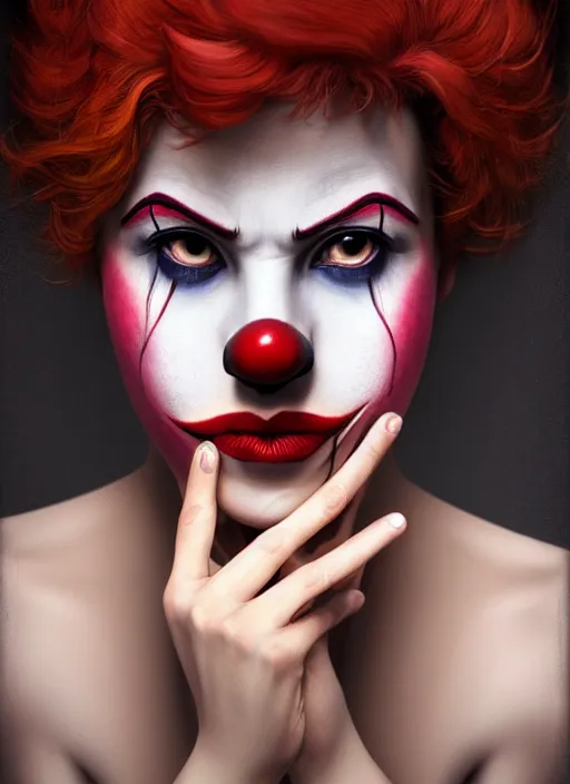 Image similar to photo of a gorgeous sad clown woman crying in the style of stefan kostic, realistic, sharp focus, 8 k high definition, insanely detailed, intricate, elegant, art by stanley lau and artgerm