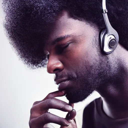 Image similar to portrait of black man with afro wearing headphones, looking cool, hd