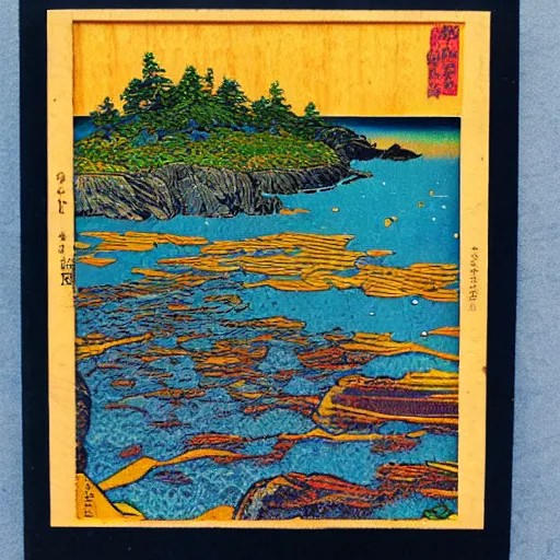 Image similar to detailed ivan bilibin and ilya kuvshinov and katsuhiro otomo inspired woodblock of ocean tidepools.