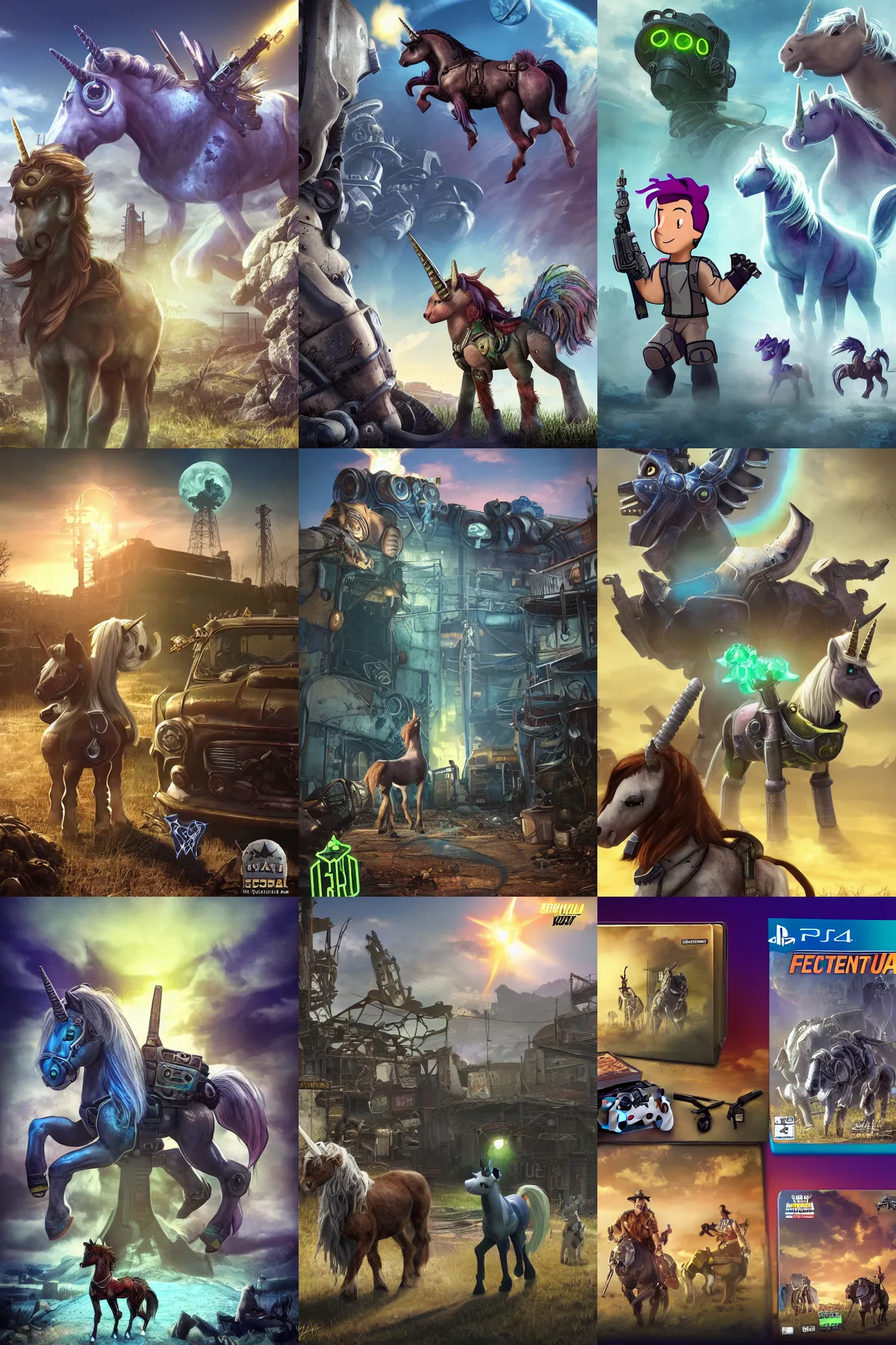 Prompt: ps 4 game box front cover for fallout : equestria | trending on artstation, 8 k, my little pony : friendship is magic, fallout, crossover | fallout 4 ps 4 cover art white unicorn with brown shaggy mane with glowing green magic around her horn looking at the viewer | mlp, pony, horse, quadrupedal, epic stark lighting