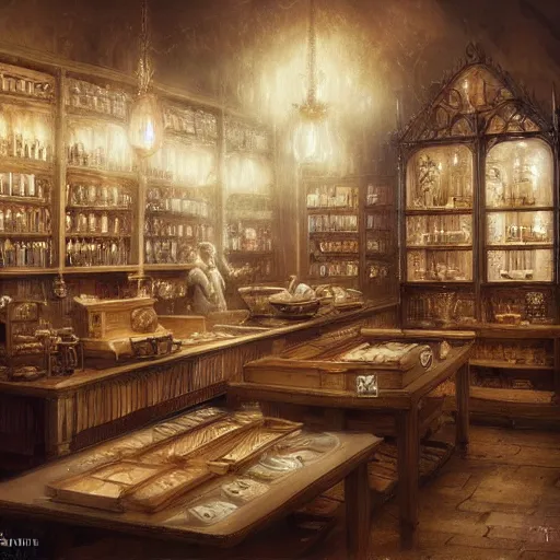 Prompt: interior of elegant bibelot wunderkammer, a small cozy shop with two tables and a long display case next to the ancient register. Bastien L. Deharme greg rutkowski Aleksi Briclot lucas graciano mark riddick jean-sebastien rossbach artwork