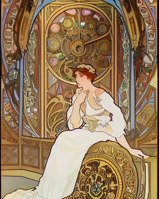 Prompt: painting by alphonse mucha, the interior of the opera house, in the depth of the hall there is an illuminated stage with a singer in a white dress, a palette of pastel colors