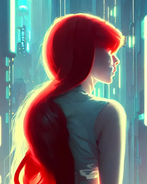 Prompt: cyberpunk synth, hyper - realistic detailed portrait of a happy girl, red hair, cinematic, by atey ghailan, by greg rutkowski, by greg tocchini, by james gilleard, by joe fenton, by kaethe butcher, 8 k, very intricate, dynamic lighting, gradient light blue, brown, blonde cream and white color scheme, sharp focus, grunge aesthetic