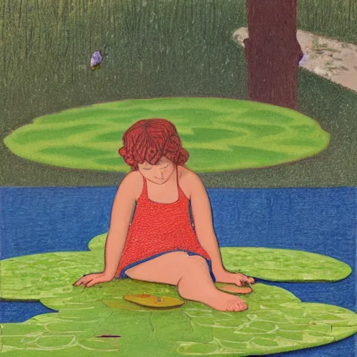 Image similar to Mixed media art. a young girl is sitting on the edge of a pond, with her feet in the water. She is looking at a frog that is sitting on a lily pad in the pond. colored pencil art by Horace Pippin jaunty