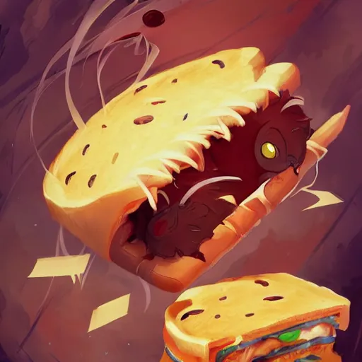 Image similar to a terrified cat running away from the giant carnivorous sandwich, artstation hq, dark phantasy, stylized, symmetry, modeled lighting, detailed, expressive, created by hayao miyazaki