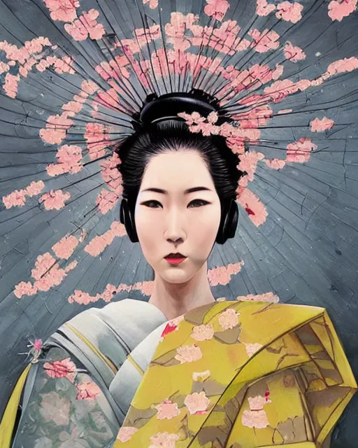 Image similar to an epic fantastic realism comic book style portrait painting of a japanese robotic geisha, cherry blossom rain everywhere, apex legends,