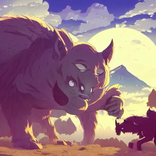 Prompt: giant monstrous aggressive furry creature lurking over a cowering smaller creature, in the foreground a small town, epic science fiction art, clean cel shaded vector art. shutterstock. behance hd by lois van baarle, artgerm, helen huang, by makoto shinkai and ilya kuvshinov, rossdraws, illustration