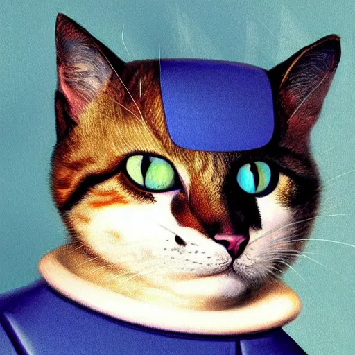 Image similar to head and shoulders masterpiece portrait of a cute adorable cat wearing a blue spacesuit, surreal background, digital art, by hieronymus bosch, trending on artstation, cgsociety,