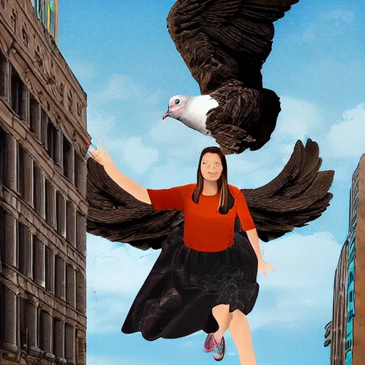 Image similar to Digital art of a woman riding a giant pigeon in the city skies