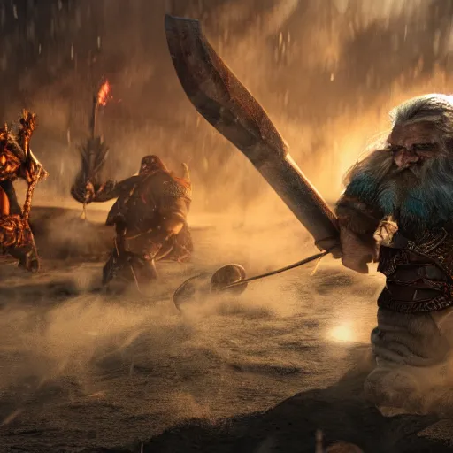 Image similar to a fantasy cinematic shot of a dwarf berserker swinging axes, fighting monsters, octane render, hyperreal, 8 k