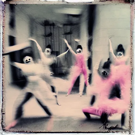 Image similar to pinhole photo of dancers made from cotton candy in big geometric MASKS, smudge, lo fi, mix, texture