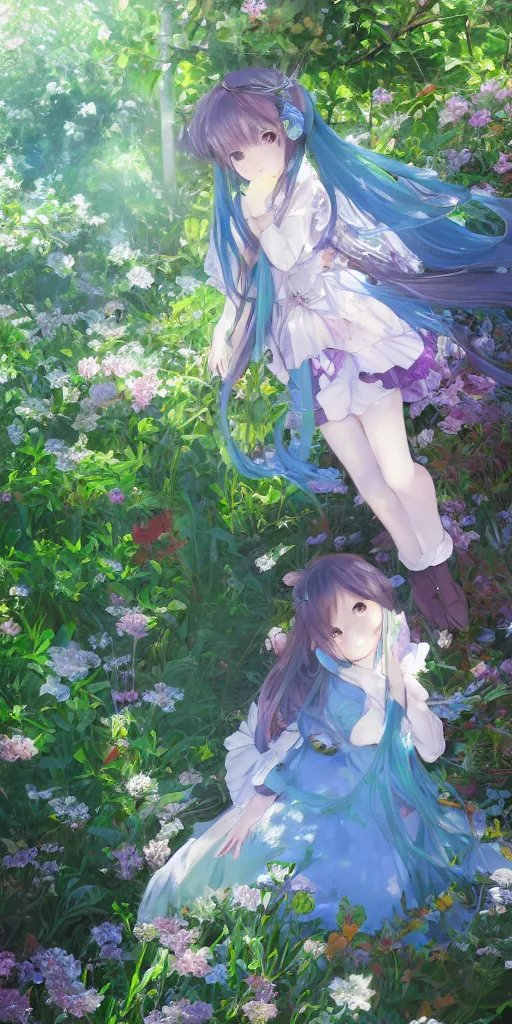 Prompt: a digital art full of atmosphere of a loli with long hair in a dress in the privet garden at after noon, green and warm theme, blue accents, back lighting, highly detailed, 4 k resolution, trending on art station, by krenz cushart and mucha and akihito yoshida and greg rutkowski and makoto shinkai