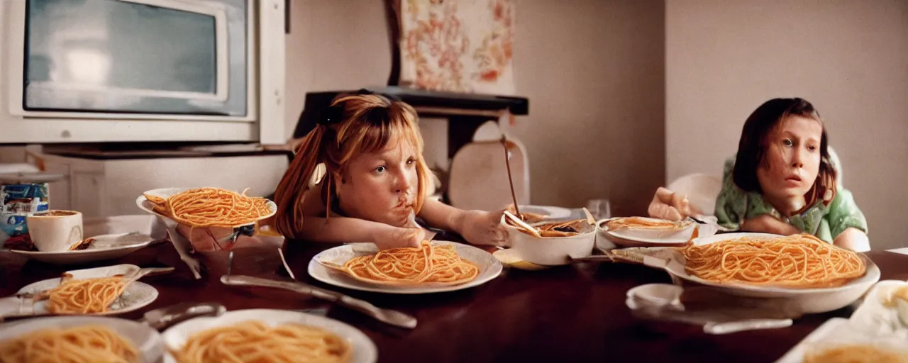 Prompt: eating spaghetti alone in front of the tv, modern era, canon 5 0 mm, kodachrome, in the style of wes anderson