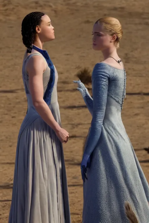 Image similar to Tessa Thompson and Evan Rachel Wood star in Disney's Westworld, in the style of frozen, Pixar movie screenshot