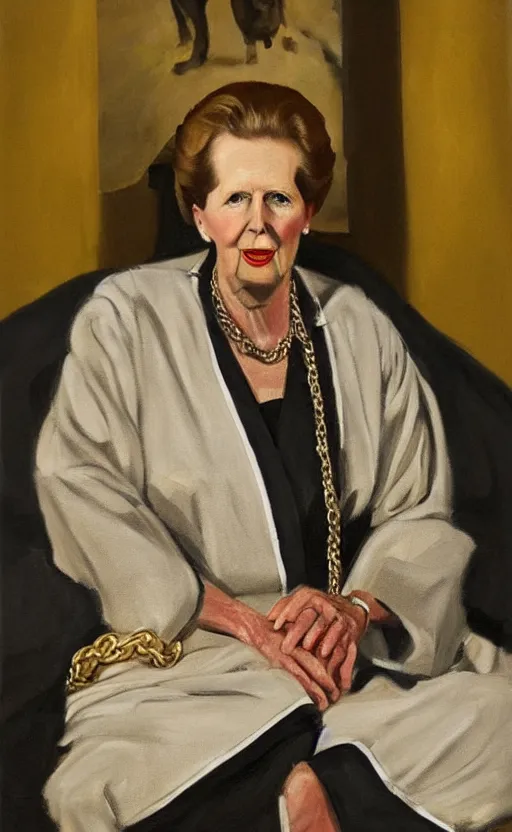 Image similar to an oil portrait of margaret thatcher in ceremonial robe keeping distressed servals in chains at her feet, high quality, artstation, higly detailed, dark lighting