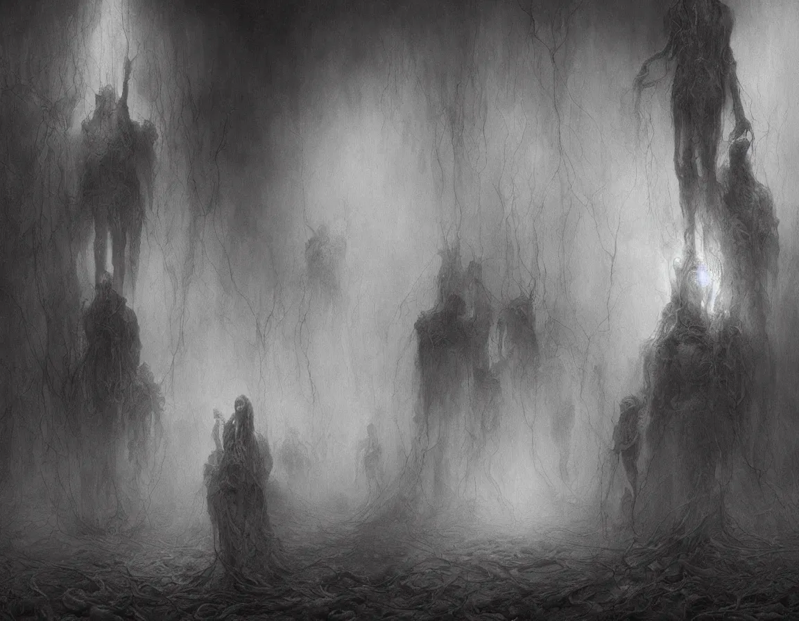 Image similar to a creepy painting of hell. by miles johnston, stephen gammell, gustave dore and zdzisław beksinski. volumetric light, detailed, rendered in octane