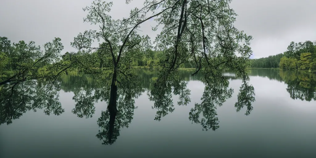 Prompt: centered photograph of a long rope snaking directly on the surface of the water, rope center of the lake, a dark lake on a cloudy day, color film, trees in the background, anamorphic lens