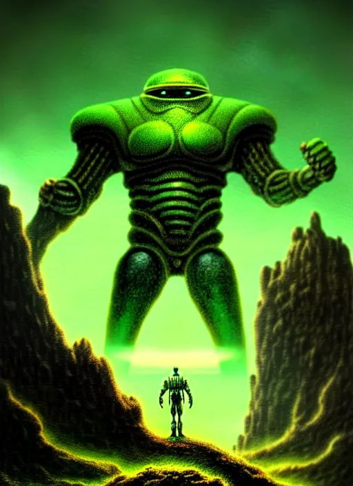 Image similar to portrait giant green humanoid with his fist up, brown armor, background ancient alien landscape, low angle, close up, concept art, intricate details, highly detailed, sci - fi poster, future, sci - fi art, in the style of chris foss, rodger dean, moebius, michael whelan, and gustave dore