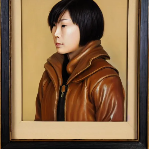 Prompt: perfect, realistic oil painting of close-up japanese young woman wearing leather jacket, in Dune Arrakis