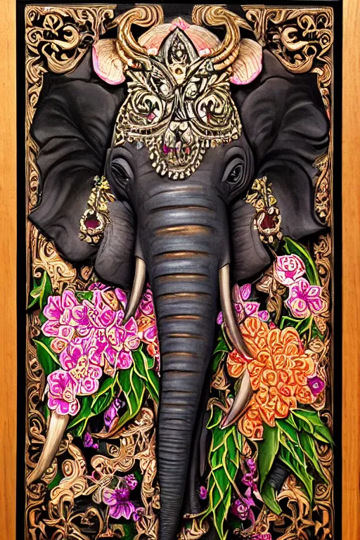 Image similar to Painted dark-wood panel relief carving of a close up of a Flowerpunk Matriarch Elephant, ornate border frame, explosion of colorful flowers, dark wood, intricately carved, black ink, festival of rich colors, intricate details, cinematic lighting, volumetric lighting, post-processing, art nouveau, by andreas rocha and john howe, and Martin Johnson Heade, featured on artstation, featured on behance, golden ratio, hyper detailed, photorealistic, epic composition, center spotlight, f32, well composed, symmetrical, UE5, 8k