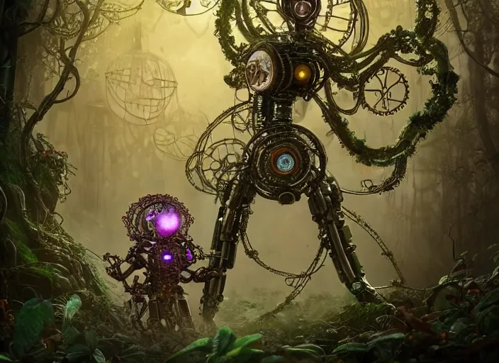 Image similar to intricate mechanical fairy with visible gears having tea with a cyborg gorgon medusa in a magical forest. Very detailed 8k. Fantasy cyberpunk horror. Sharp. Cinematic post-processing