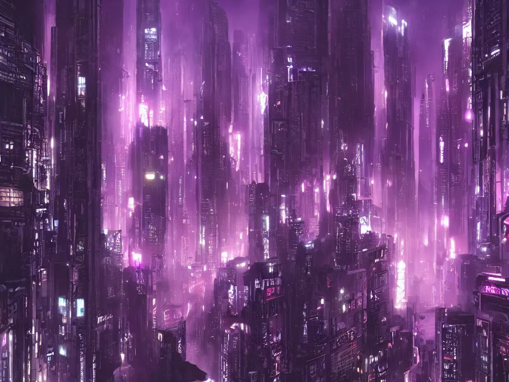 Image similar to blade runner city, high quality, cyberpunk, purple